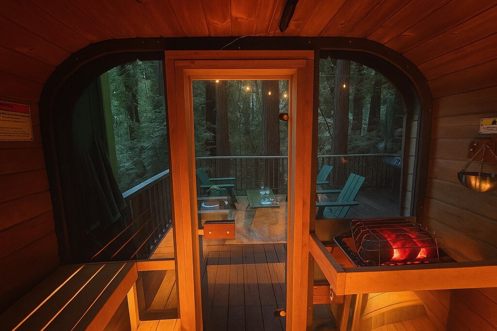The sauna ~ Your private forest spa featuring a stunning Slovenian sauna, imported and built for an authentic heat experience.