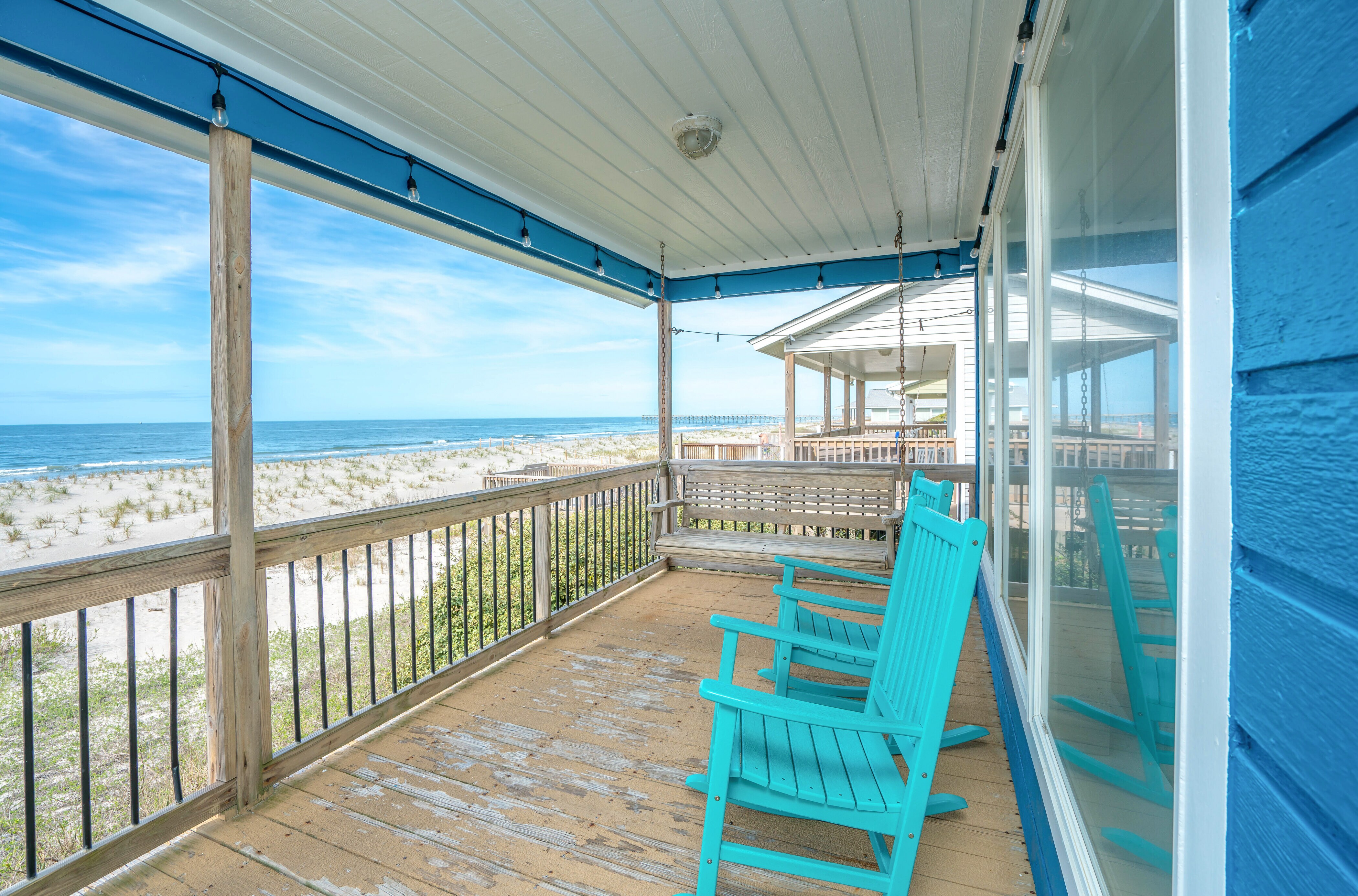 Covered Back Porch with Views of Beach & Ocean Crest Pier