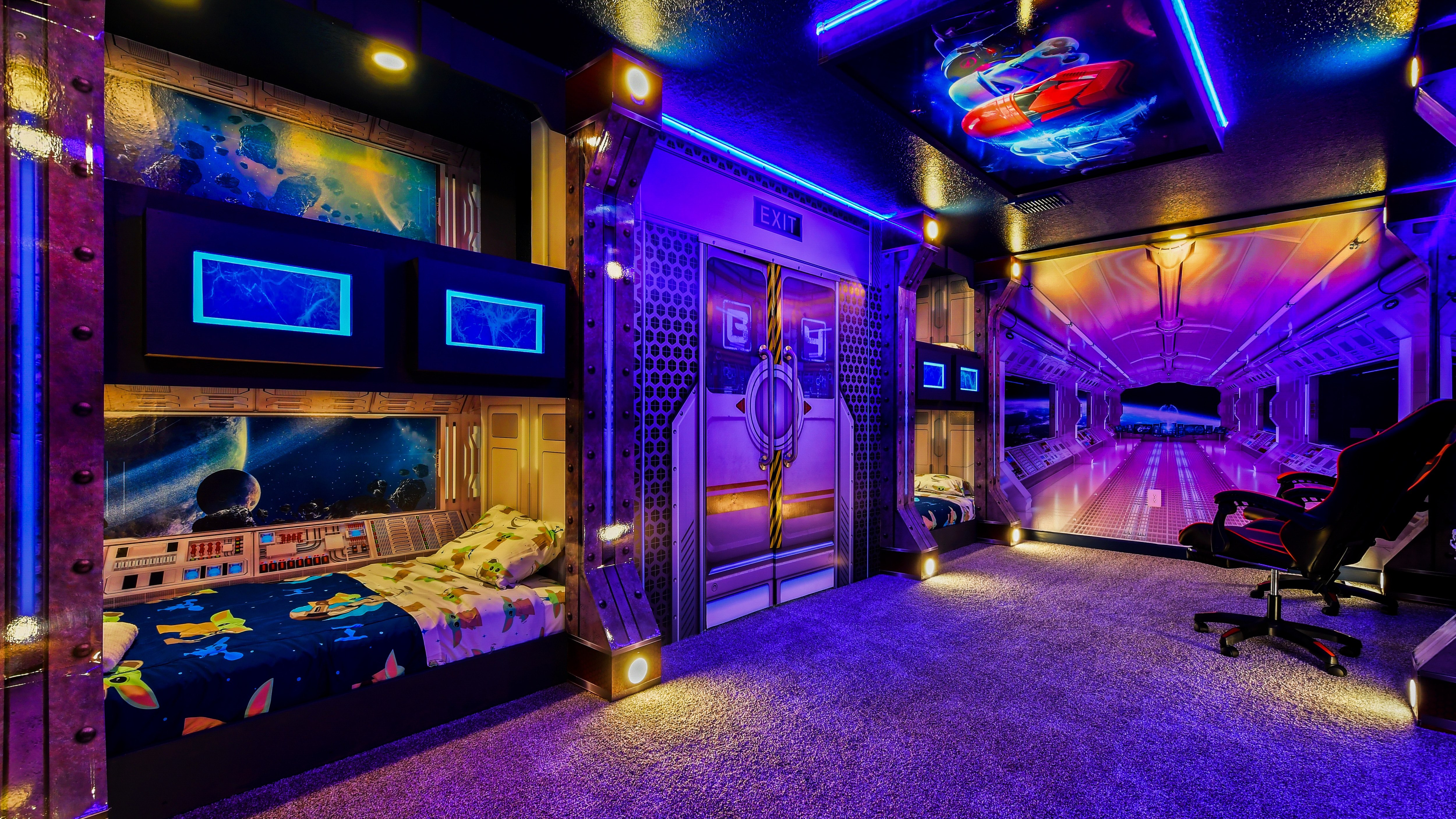 Kids will love the upstairs bedroom with a cool Star Wars theme