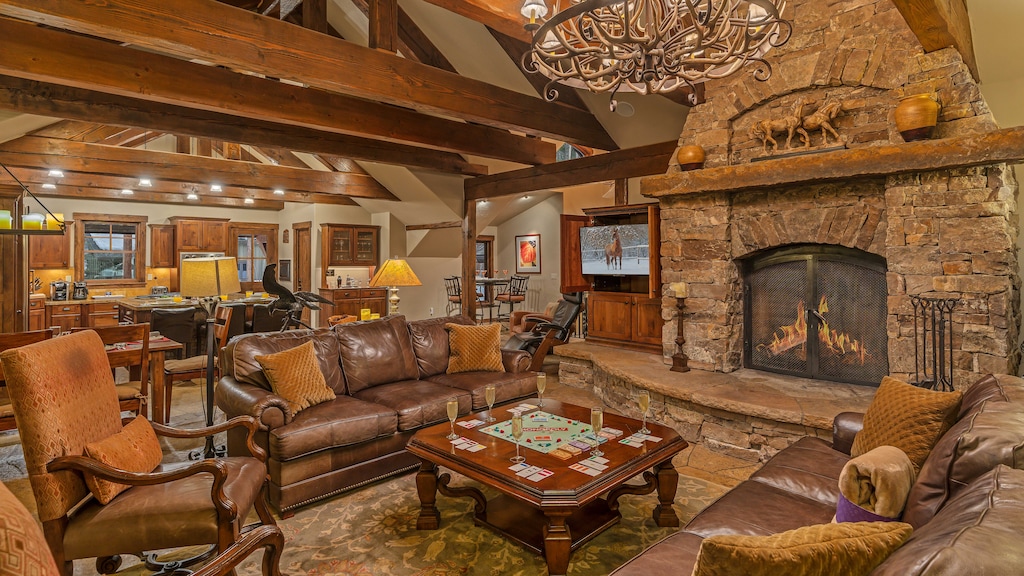 Amazing great room with fireplace and TV