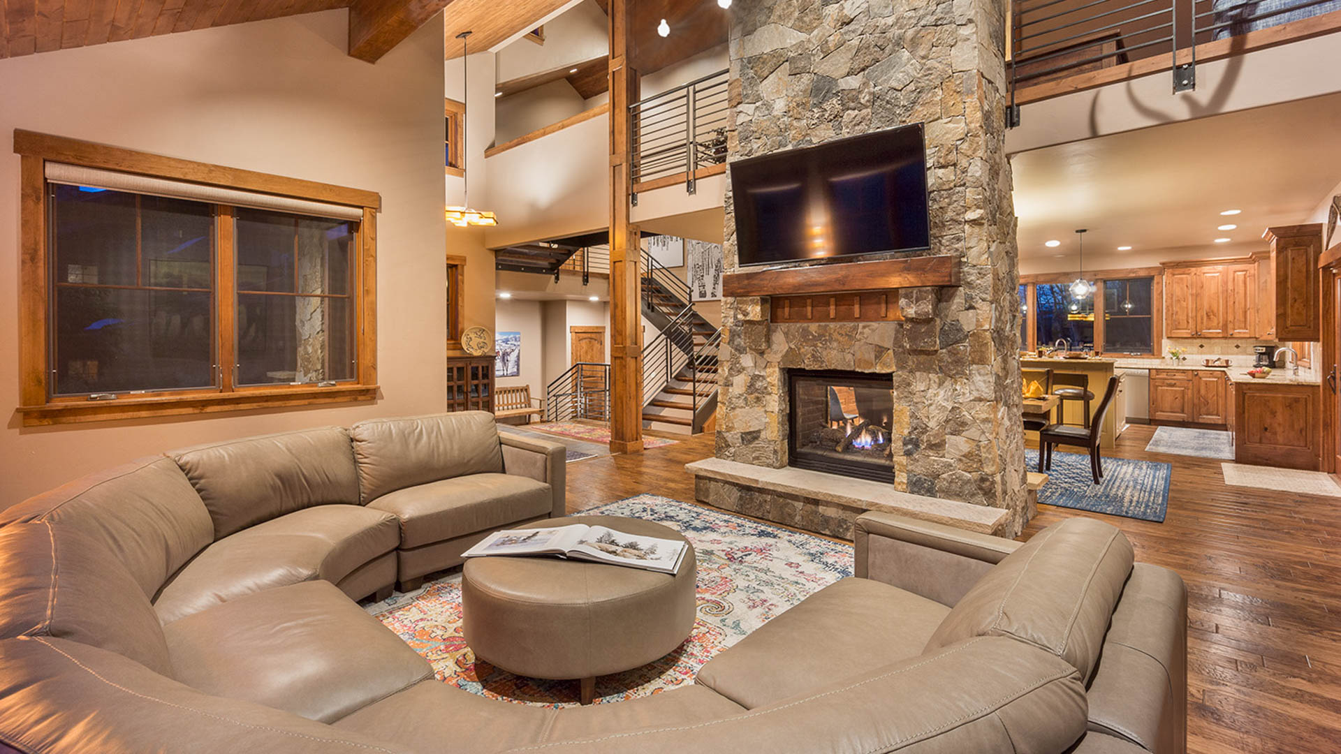 Great room with two-sided fireplace