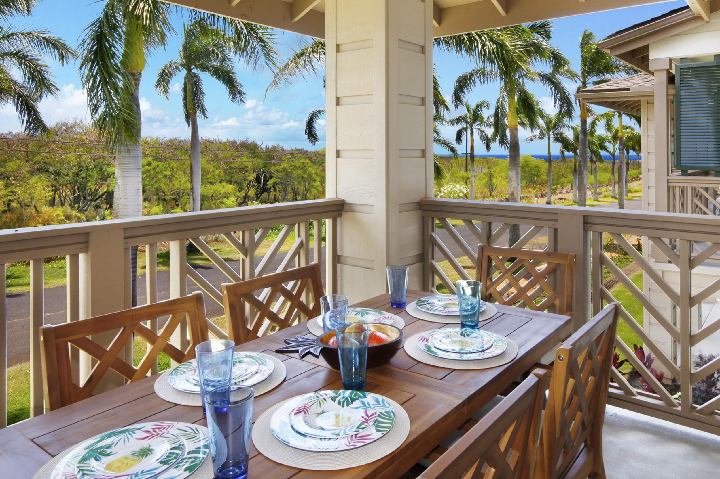 Private lanai with distant ocean and mountain views