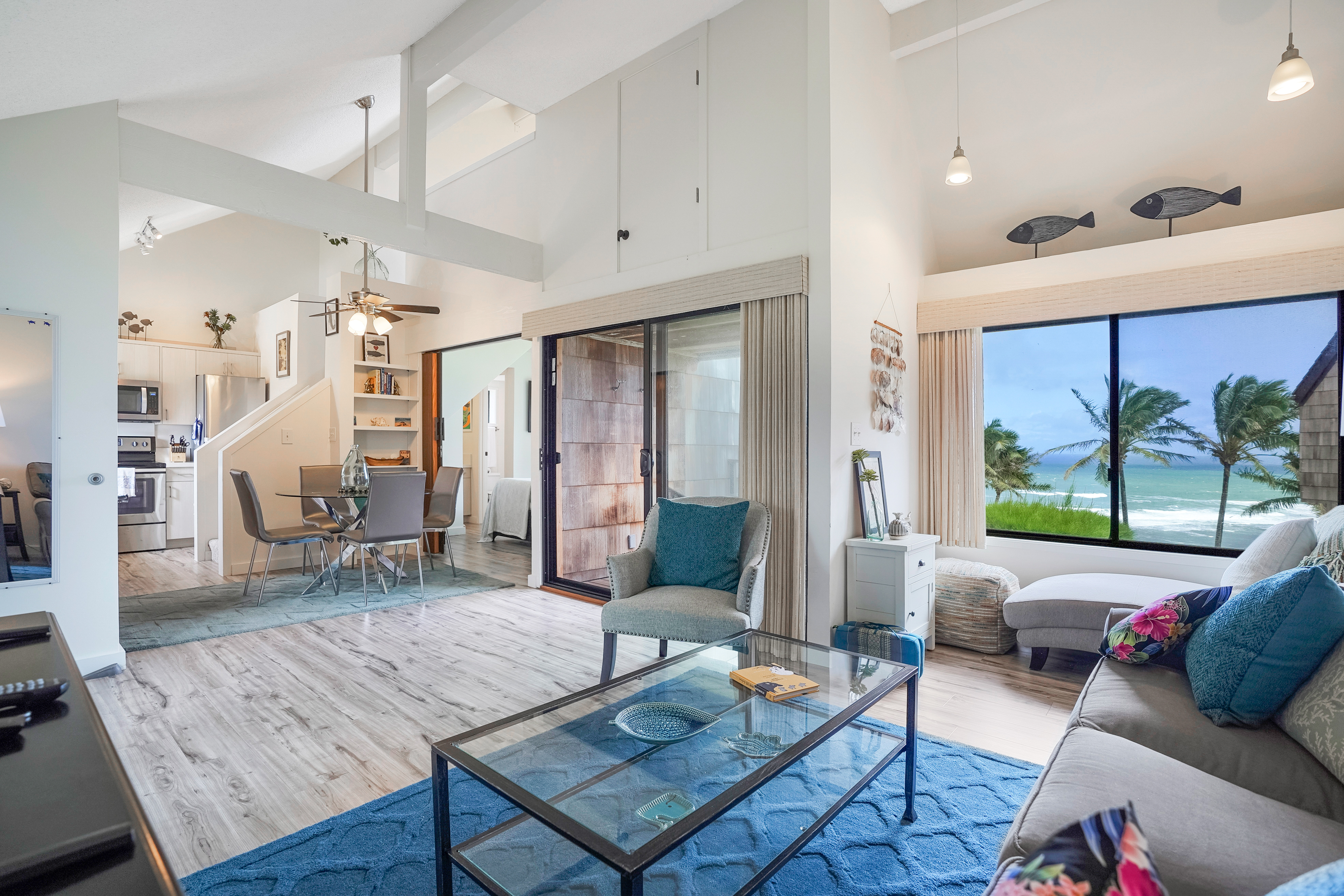 Spacious living area, looking out at the ocean