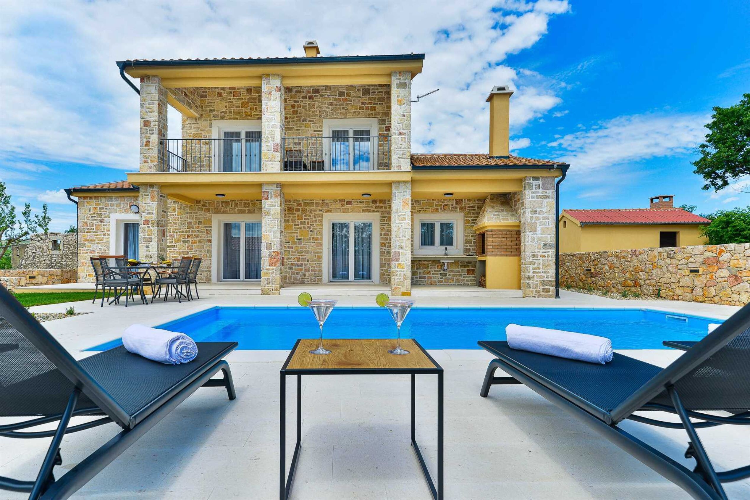 Modern Stone Villa with 1st floor adapted for wheelchair, outdoor kitchenette and barbecue grills, outdoor dining area and swimming pool