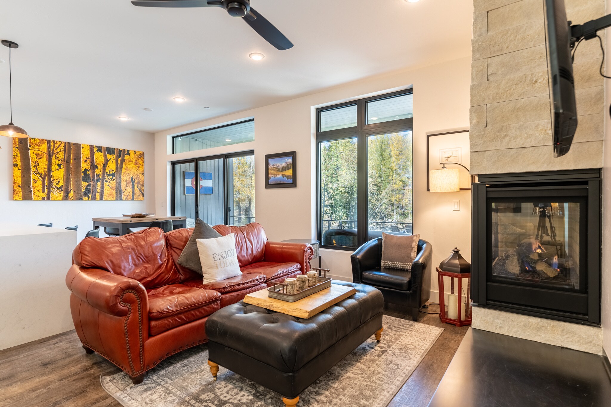 Living area featuring a gas fireplace and cozy furnishings. 