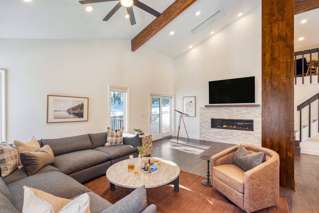 Living area with fireplace.