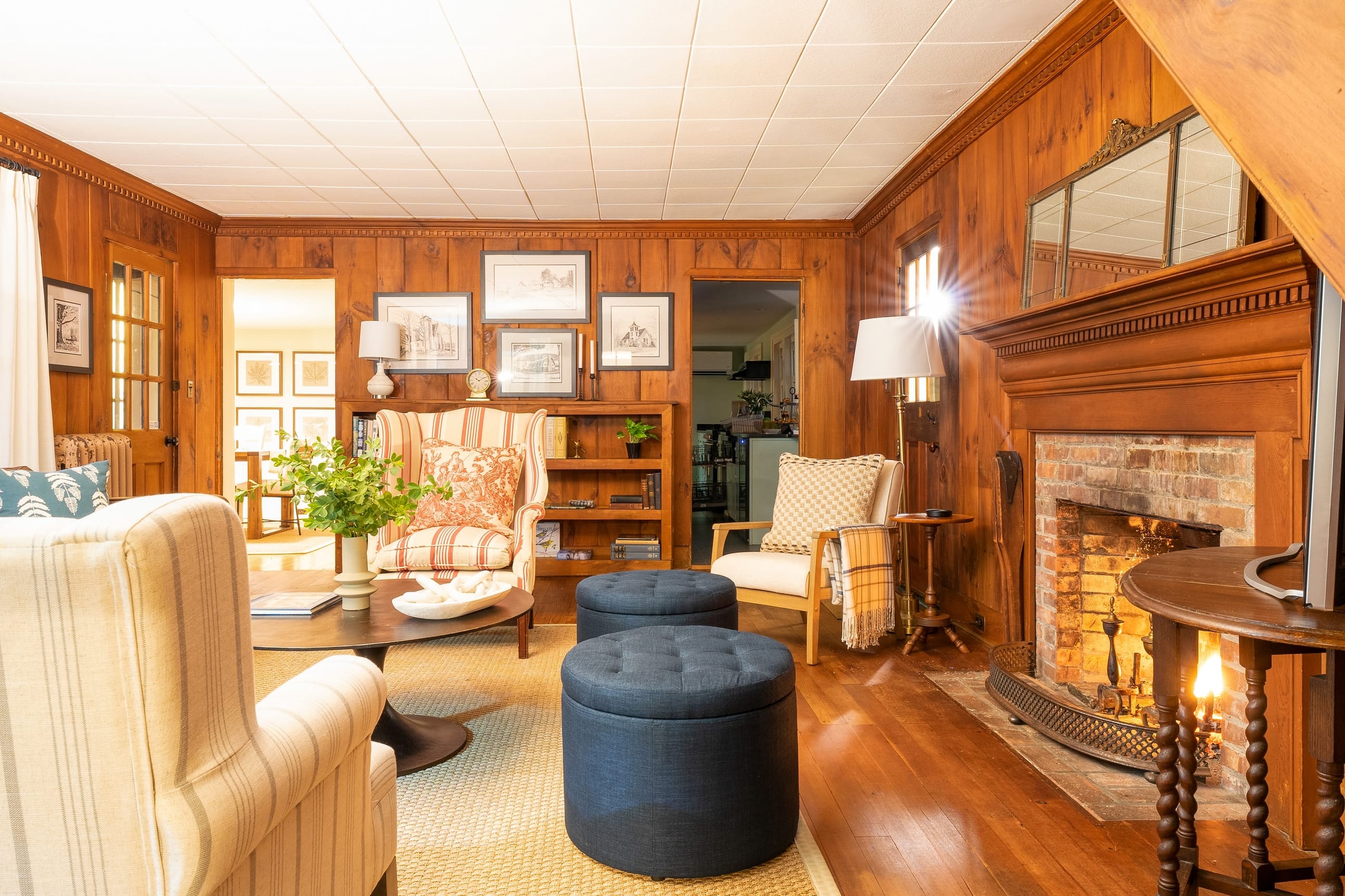 Living room features a fireplace.