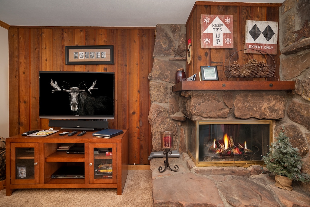 Cozy up by your stone fireplace while enjoying entertainment on the flat-screen TV in this warm, wood-paneled retreat.