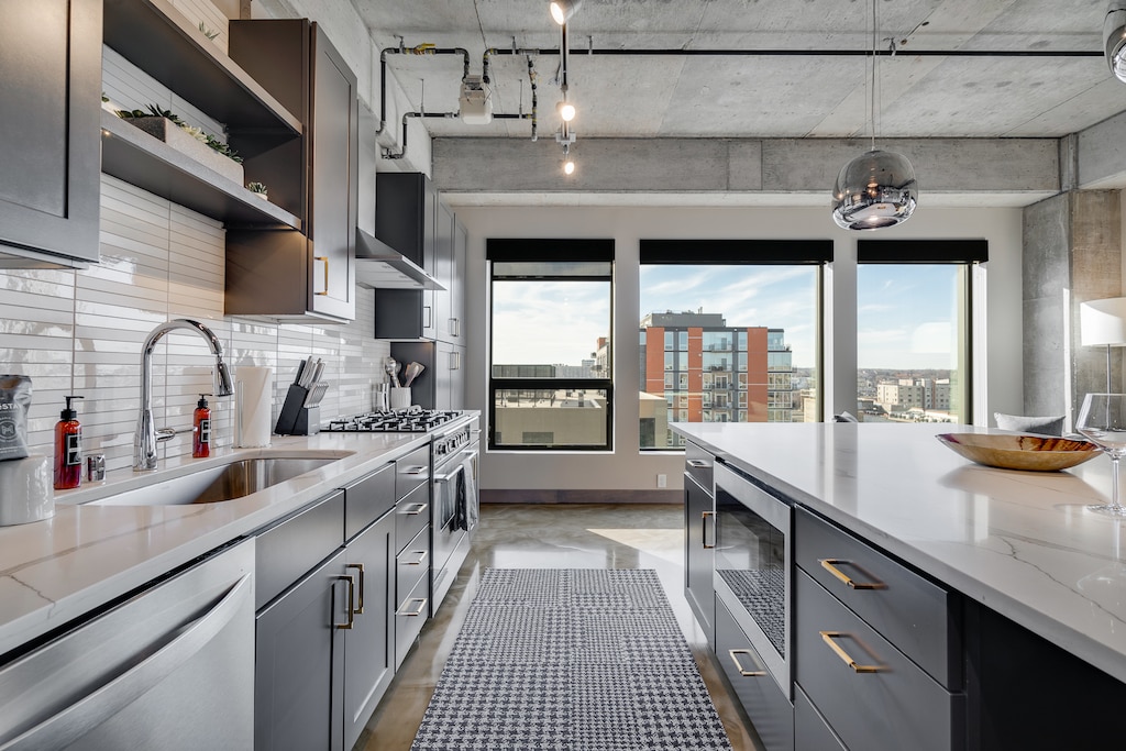 Natural light beams through kitchen