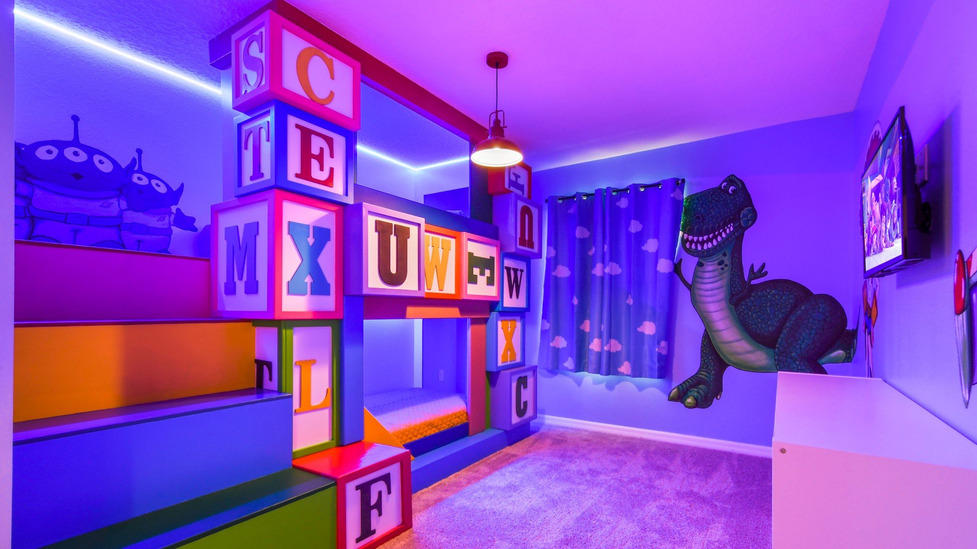 Kids will love the upstairs bedroom with a cool Toy Story theme