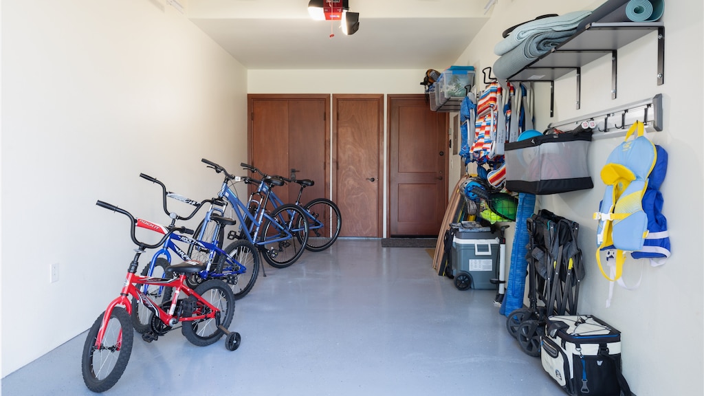 Garage stocked with bikes and beach gear