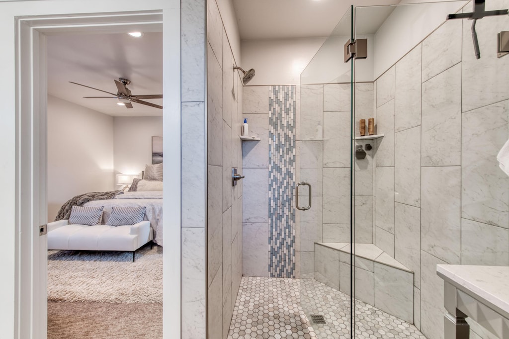 Eclectic tiles decorate the master bath.
