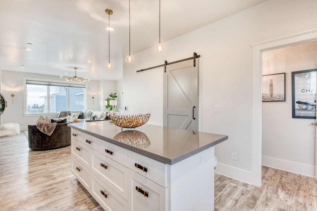 Sleek, contemporary lines in an open kitchen area.