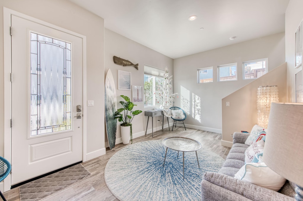 A sand dollar floor covering sets a peaceful mood in this lounging area.