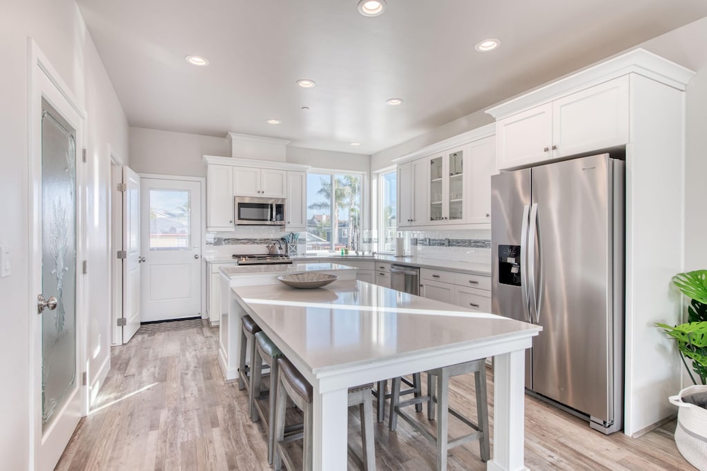 An oversized island provides plenty of room for casual dining and food prep.