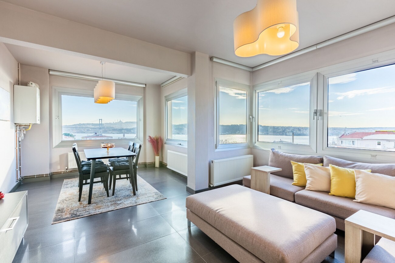 Our spacious living room is bathed in daylight.