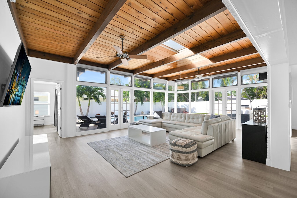 Open plan interior is bright, airy and full of natural light.