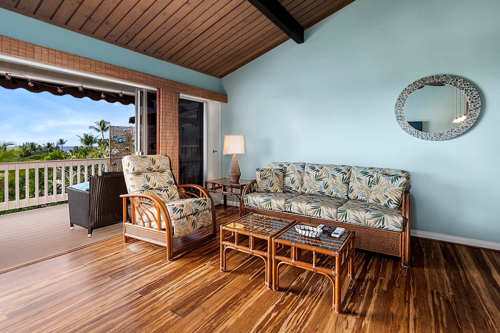 Living room equipped with queen sized sleeper sofa.