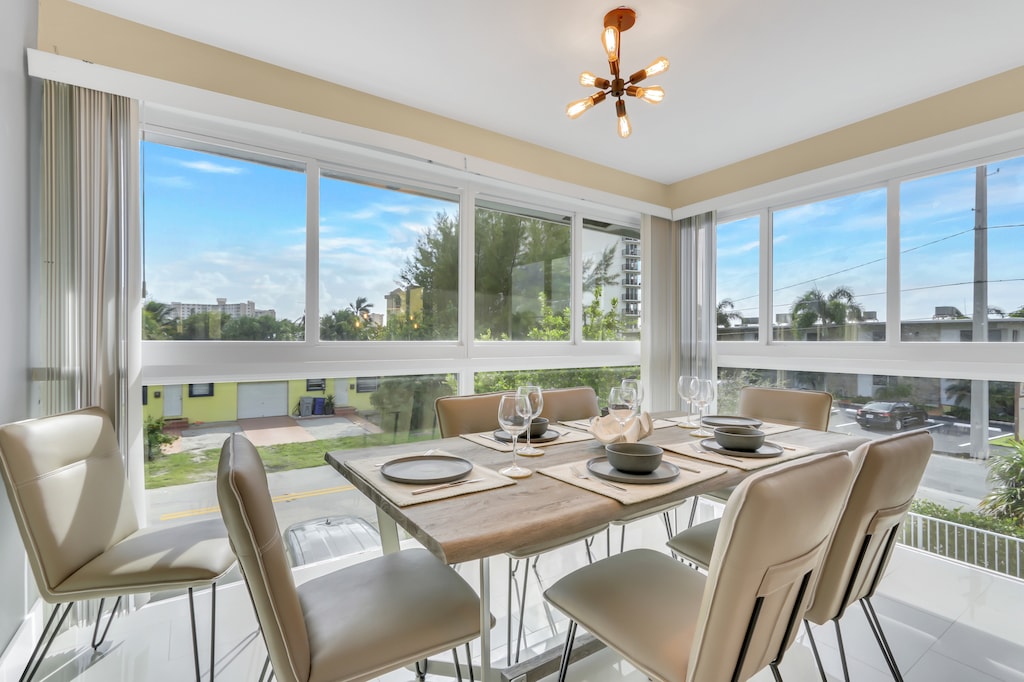 Dining table comfortably sits six