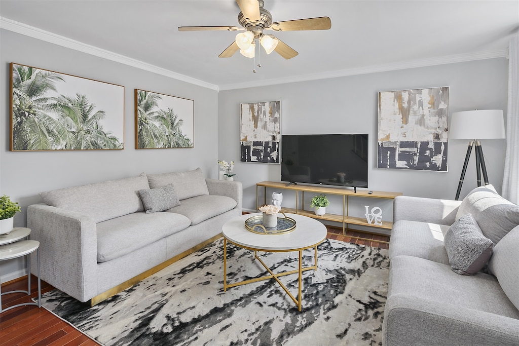 Cozy gathering area provided by two soft fabric sofas