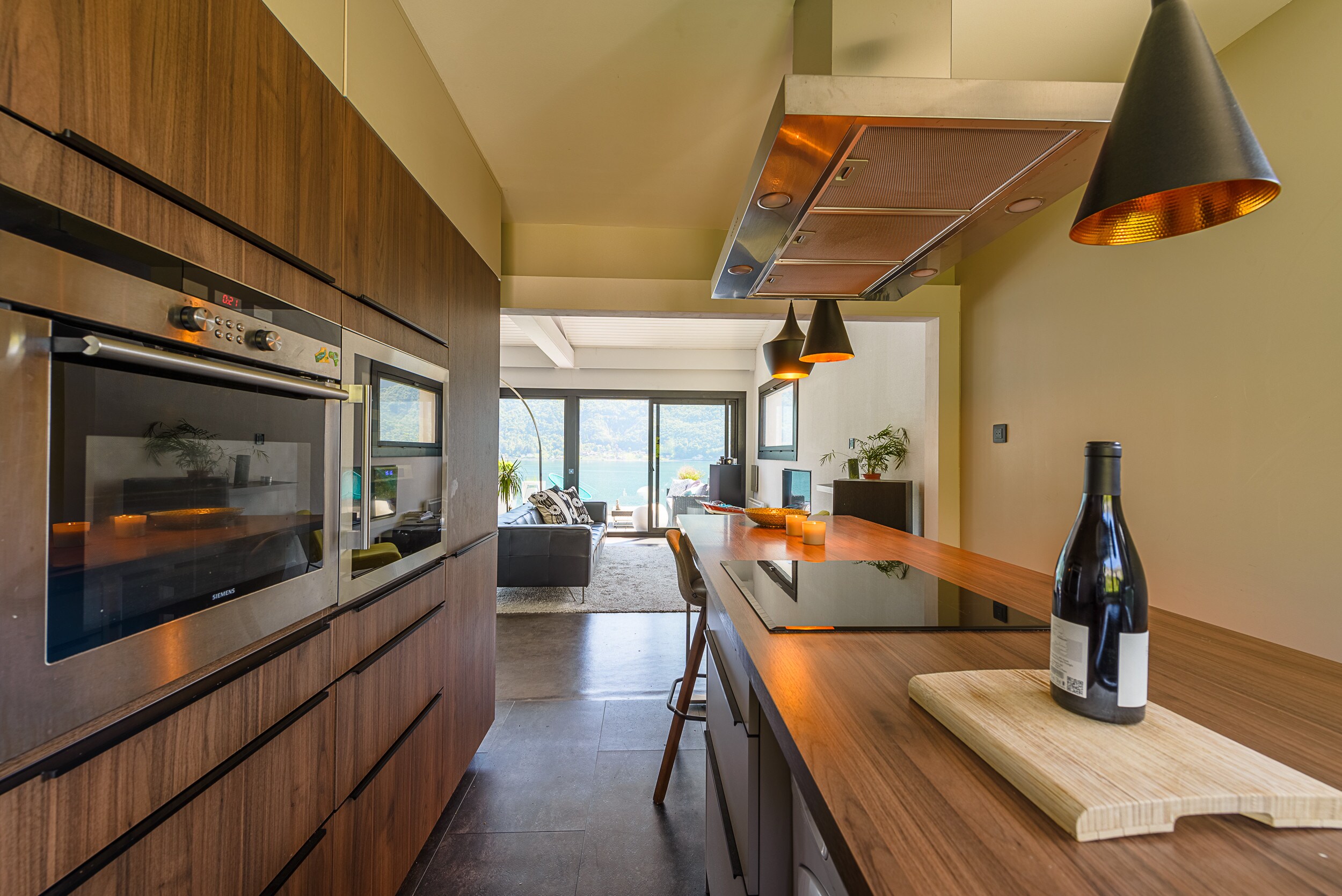 Open kitchen with lake view