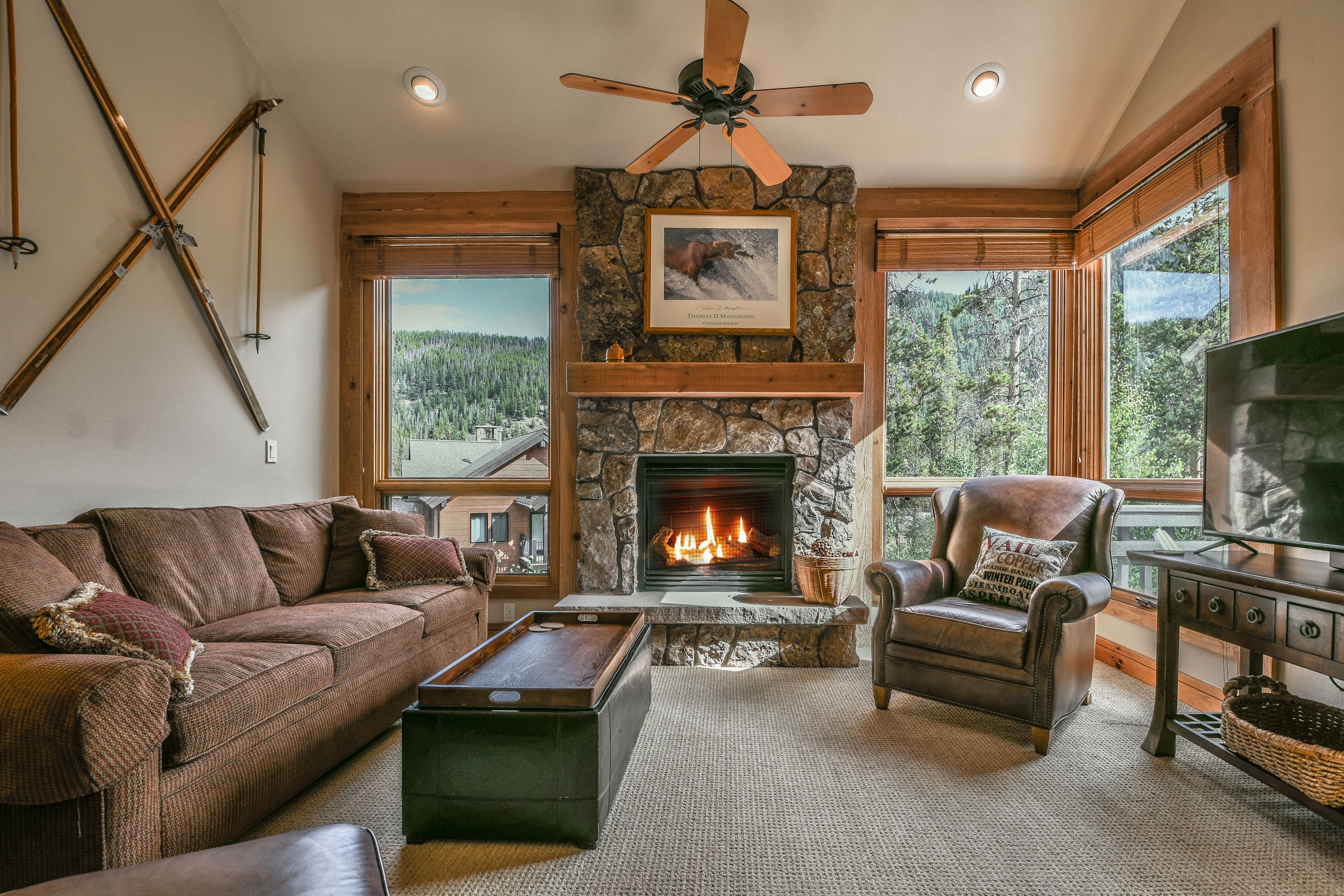 Living room with a cozy fireplace