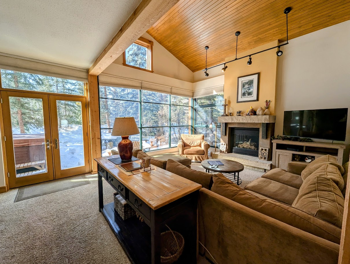 Living room with flatscreen TV and gas fireplace