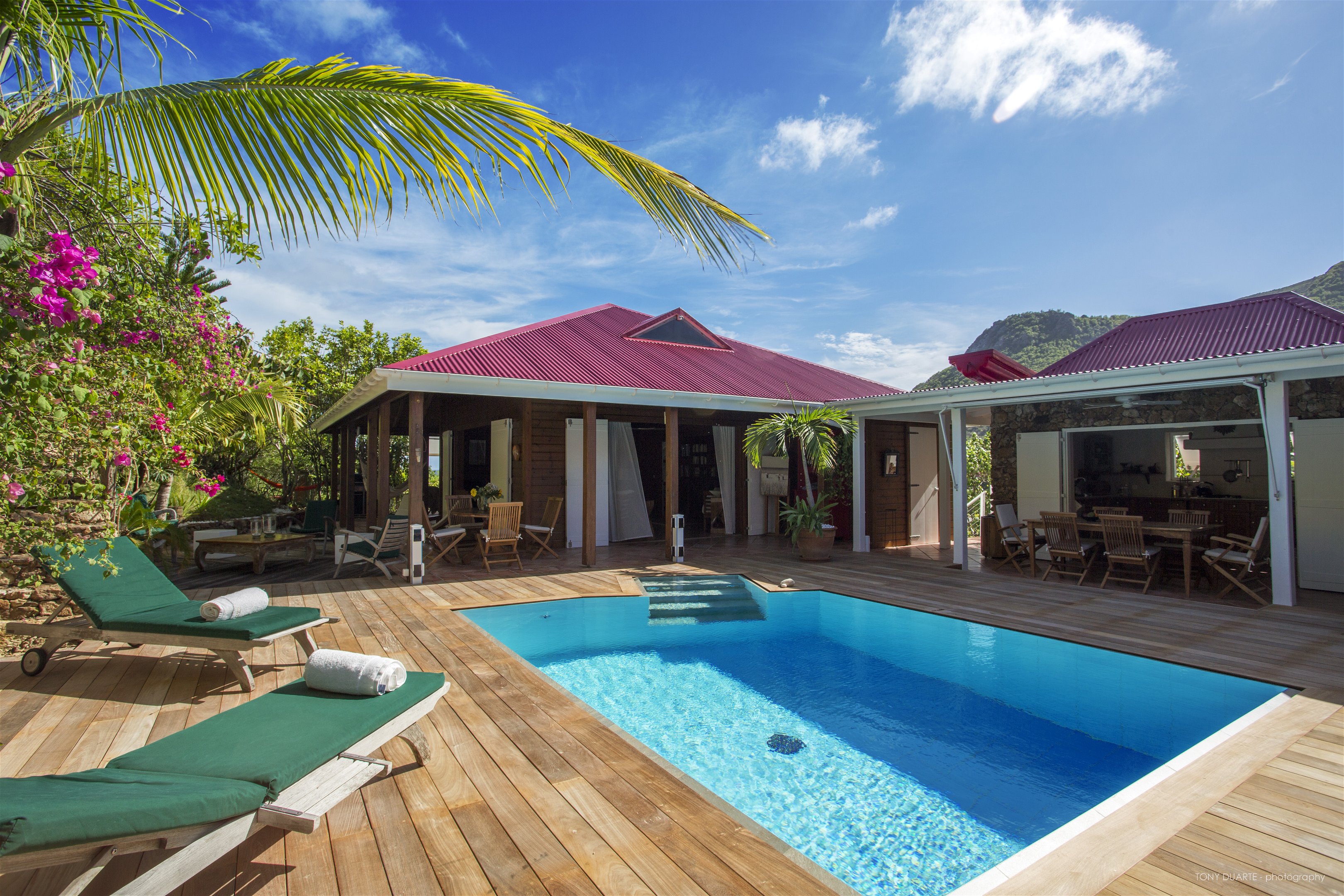 Terrace around the pool, deckchairs, parasol, barbecue, beautiful pool. 