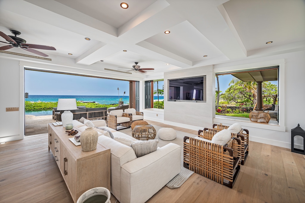 Alohi Kai Estate (Shining Sea) was artisan designed to offer you 180 degrees of ocean front shoreline, while relaxing in 7,000+ square feet of elegant living space