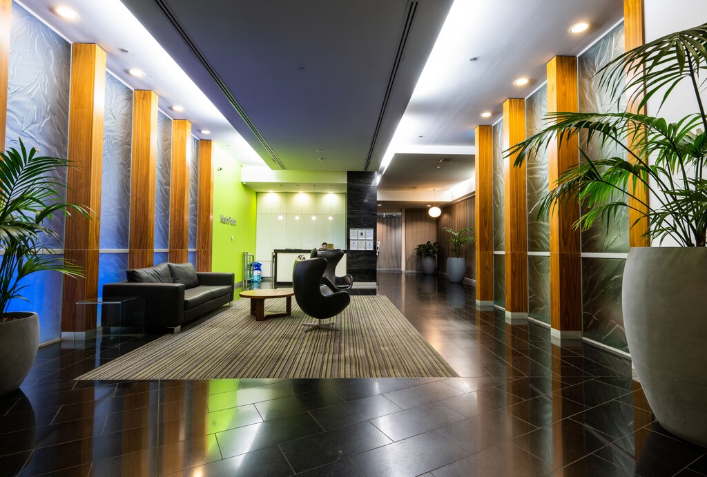 Relax in the lobby before heading out for drinks with friends