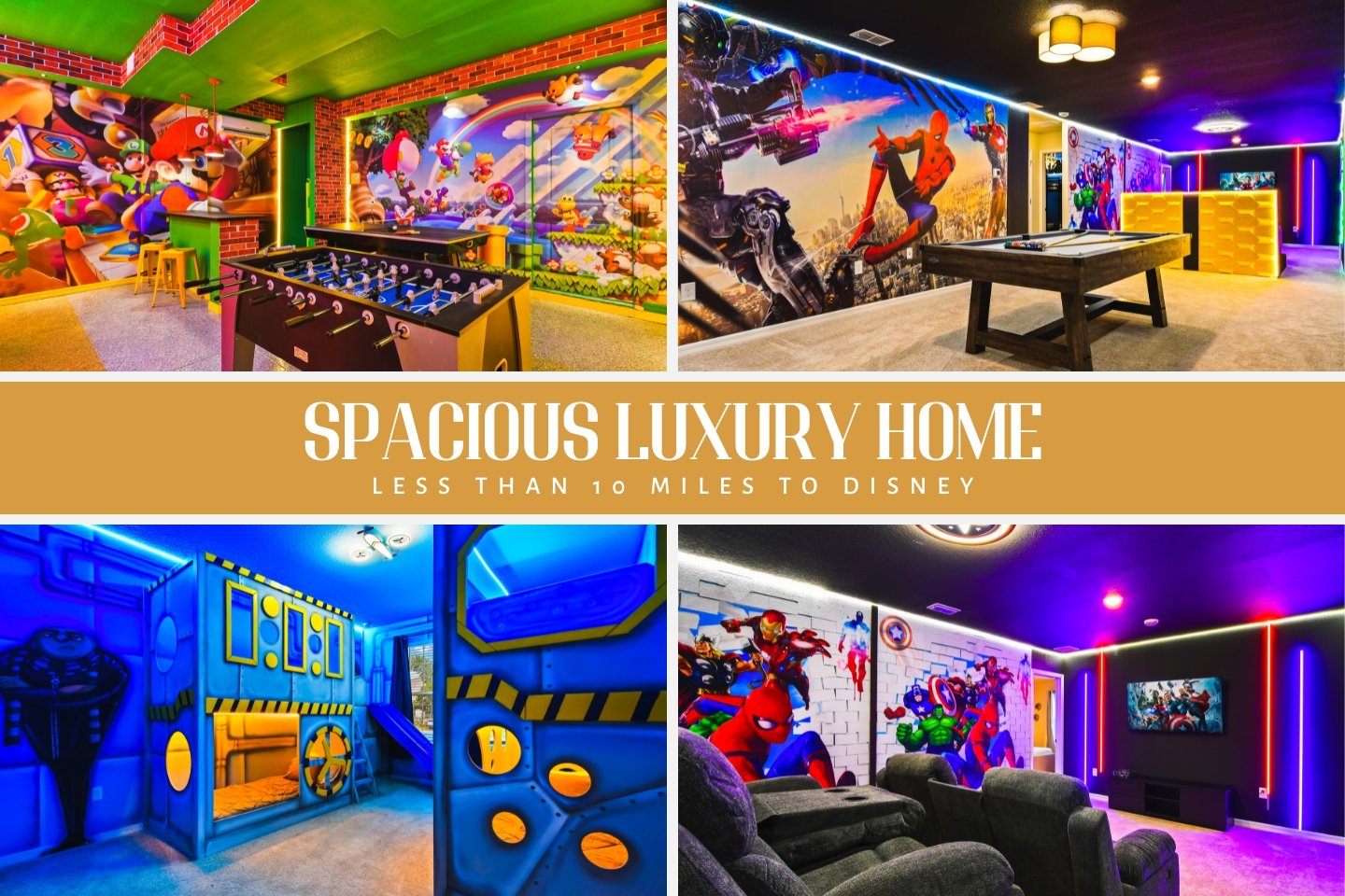 This vibrant space offers an engaging experience with its arcade-style setting filled with colorful lights and themed decor. Perfect for family fun and gaming enthusiasts, it features various game machines and a comfortable seating area.