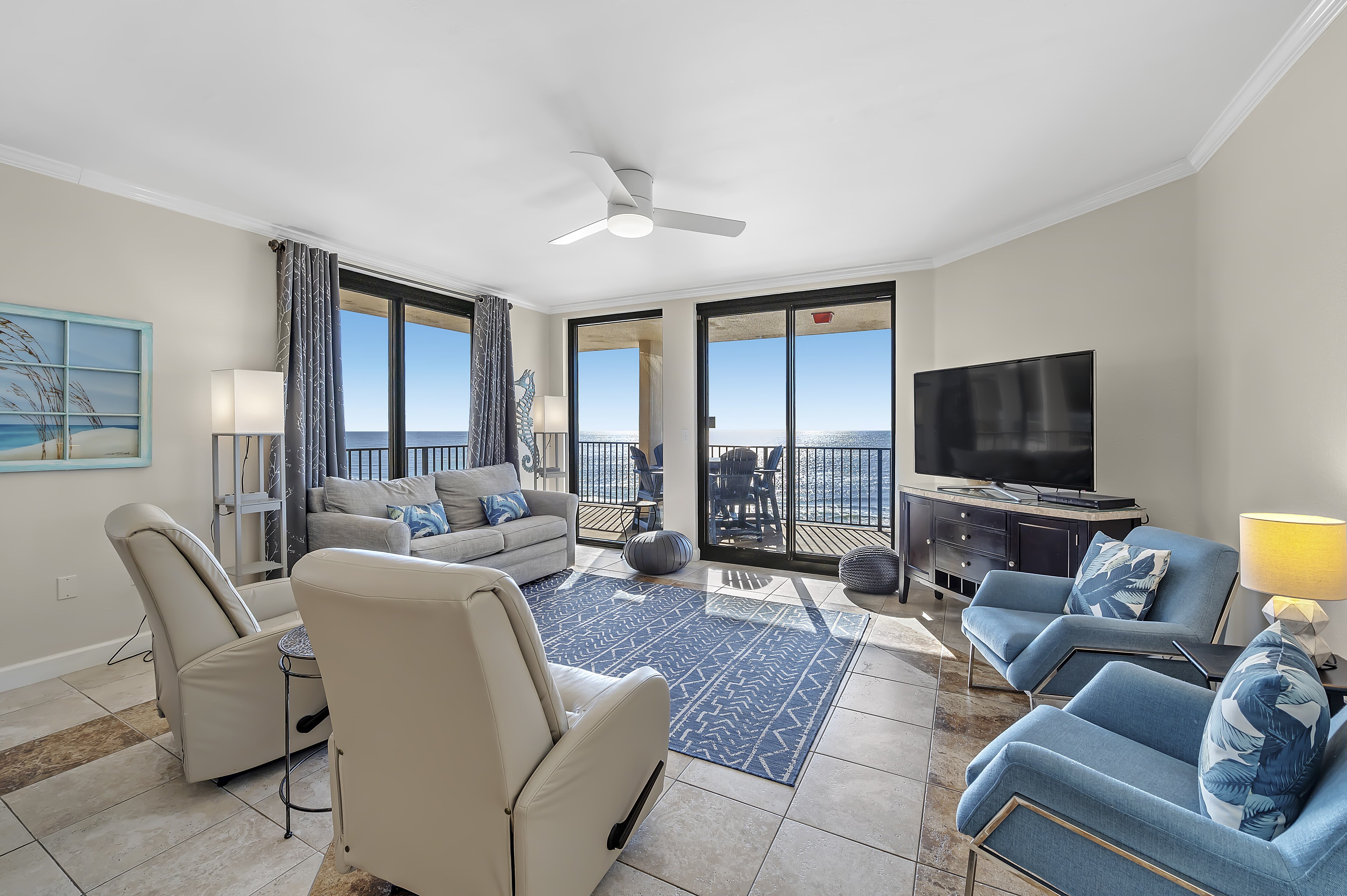 Living Room with Full Size Sleeper Sofa and Private Balcony with Views of the Gulf of Mexico