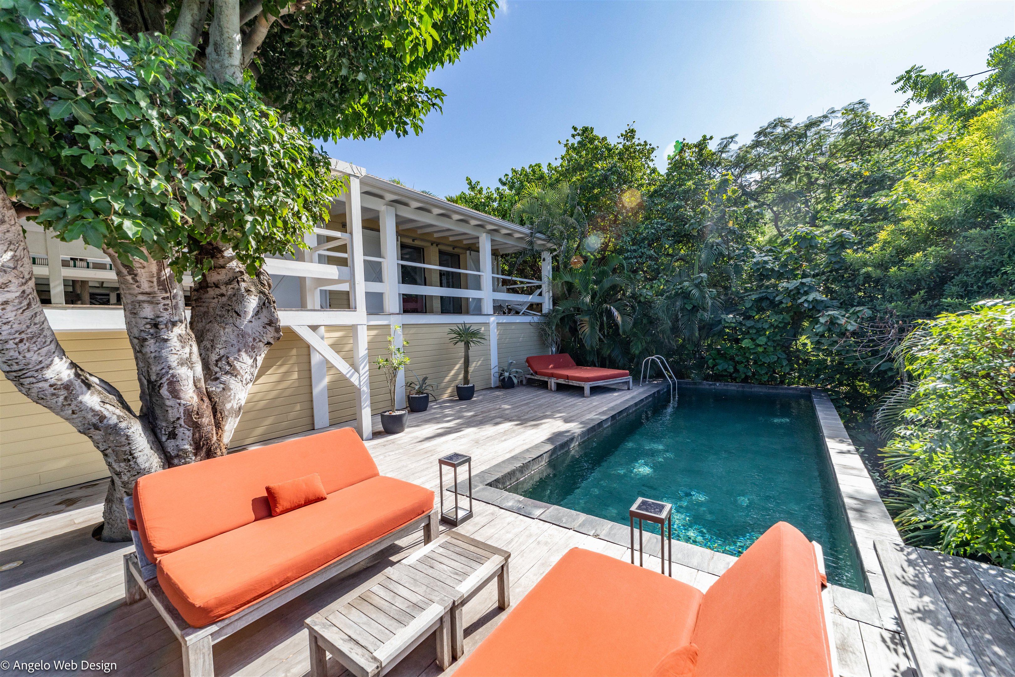 Nice pool facing the view, beautiful terrace with deck chairs and lounge area. 