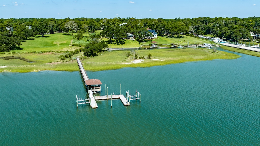 Aerial view of docks from water