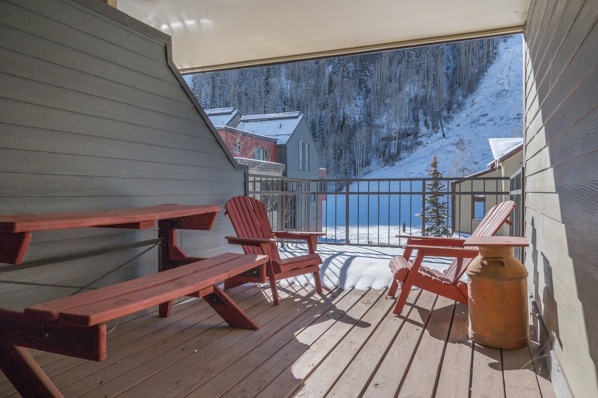 Spacious deck overlooks the ski area and Chair Lift 7.