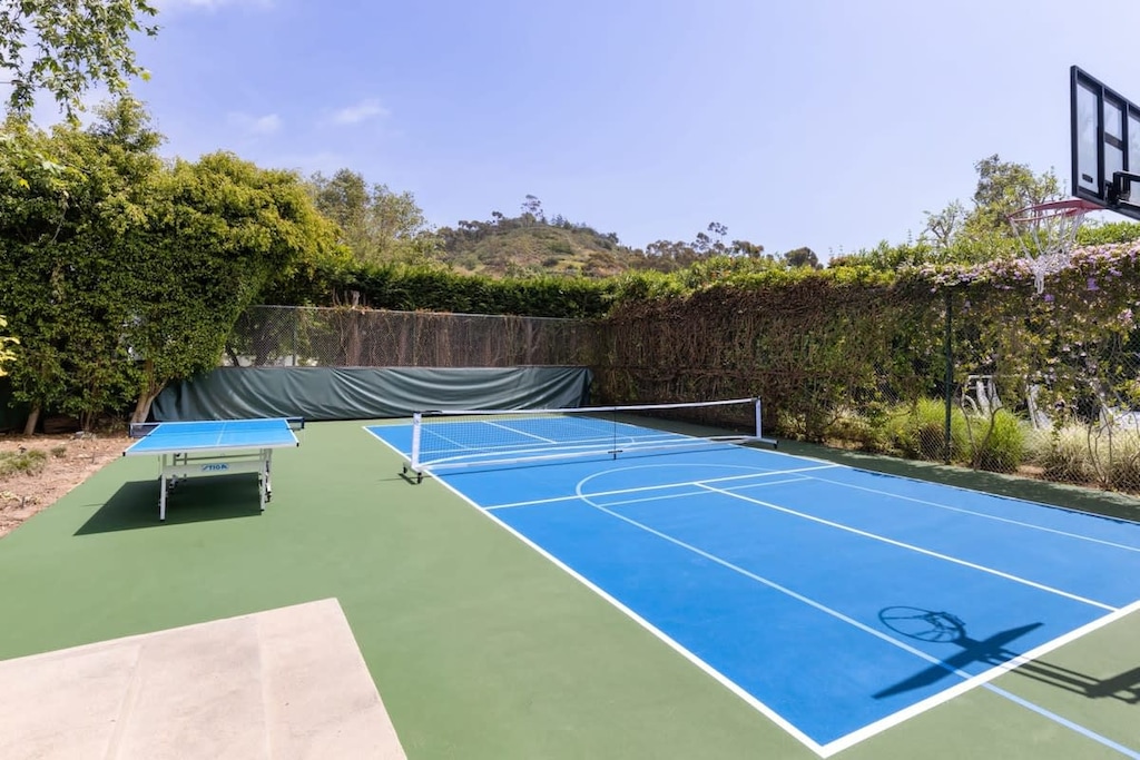 Pickbleball court with basketball court conversion