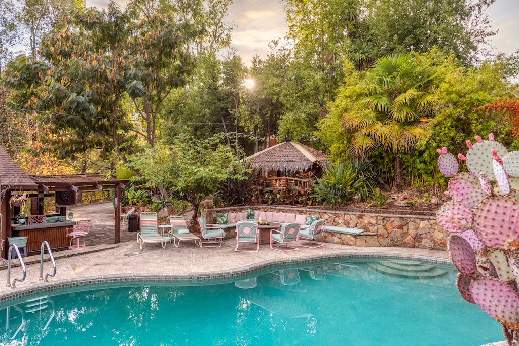Your private oasis - pool, gas firepit and Tiki hut/lounge.