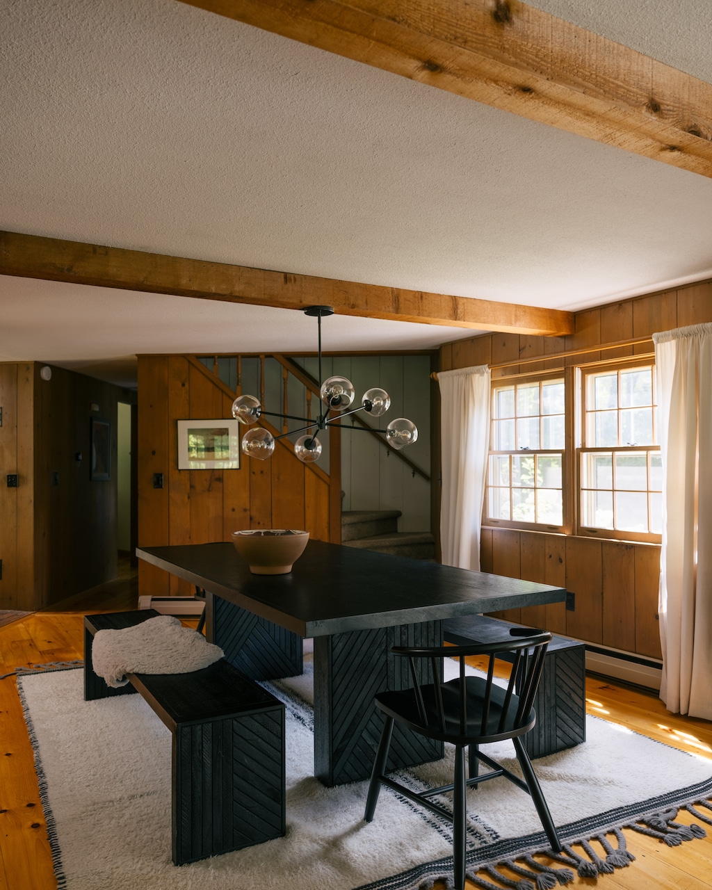 Large dining table seats up to 8 people.