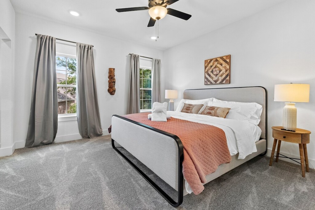 Our Primary bedroom is complete with a King-size bed, closet, desk area, 43-inch TCL Google TV and en suite bathroom.