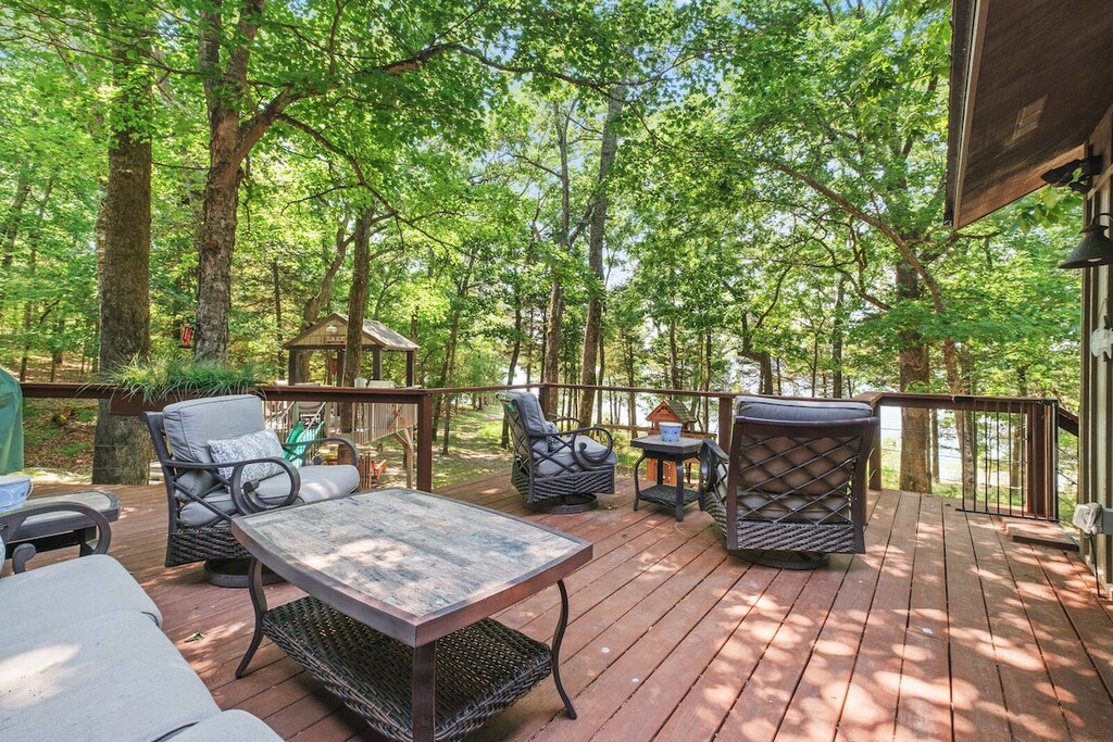 Watch the sunset over the lake views! Our outdoor patio space features front row seats to beautiful sunsets on Beaver Lake.