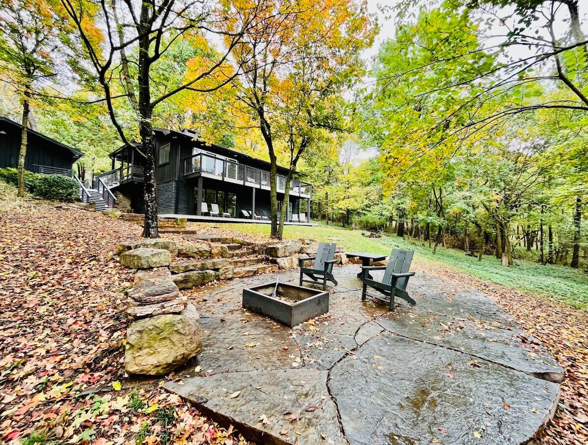 Located on Mount Sequoyah, the newly-remodeled Woods on Sequoyah has TWO luxury units overlooking the Ozarks.Out back, walk down the stone pathway to access our third outdoor seating area, which has a fire pit (newly added) and plenty of seating.