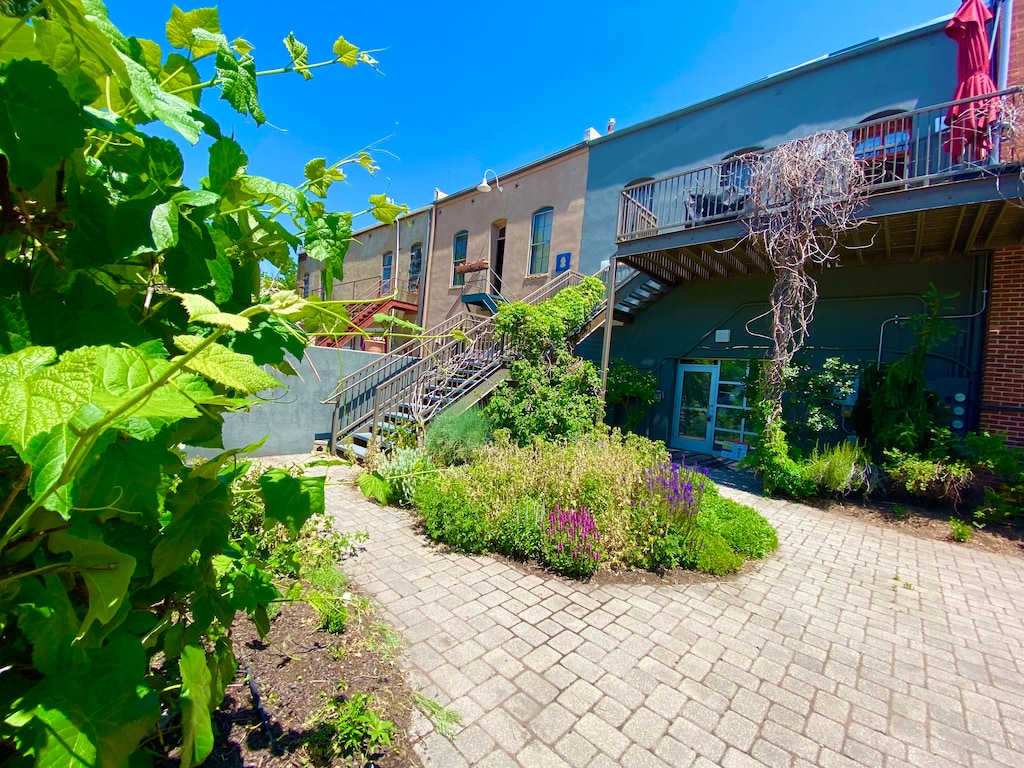 Walk through the courtyard to the second level