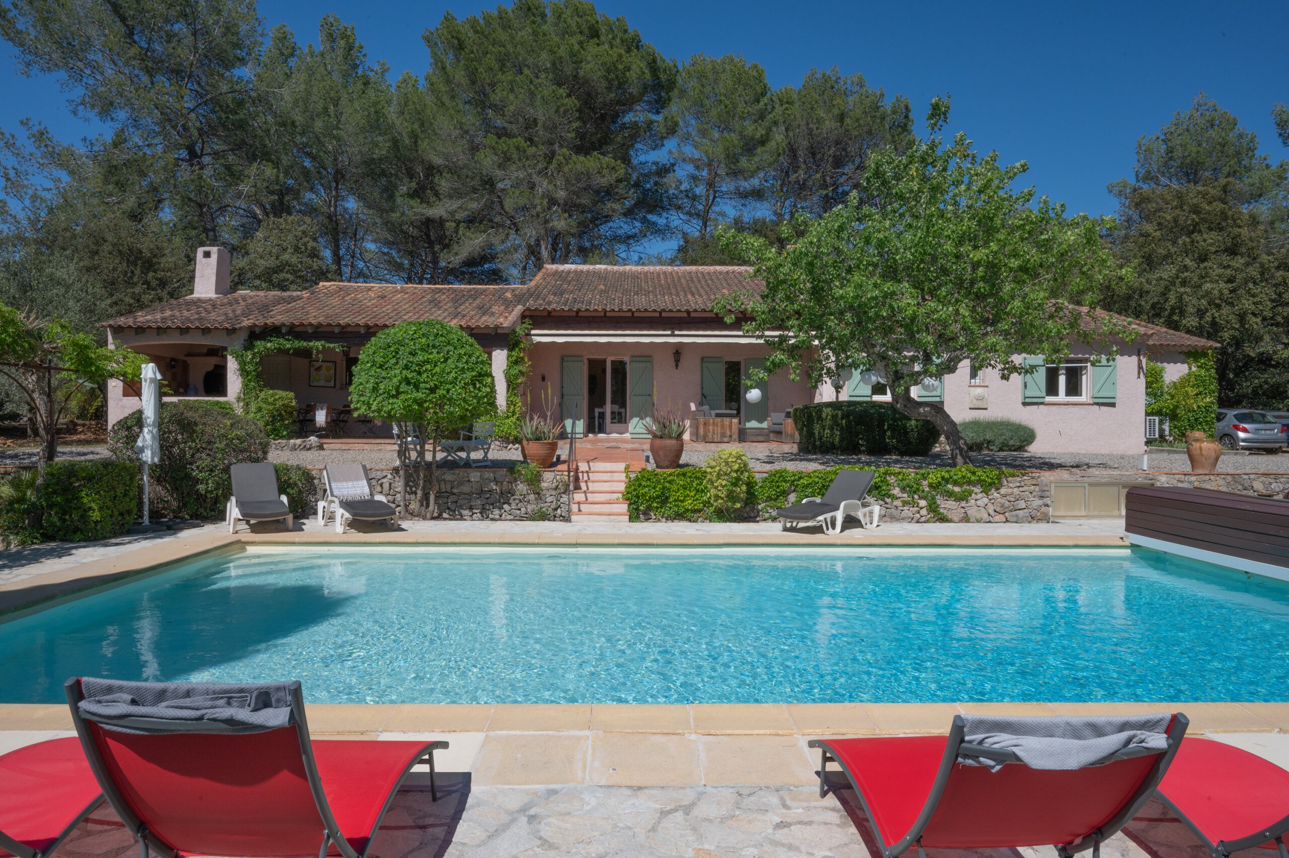 Take a refreshing dip in our heated private pool, unwind on the sun terrace, and enjoy 'al fresco' meals on the covered terrace at Mas de Charles, Lorgues, Provence.