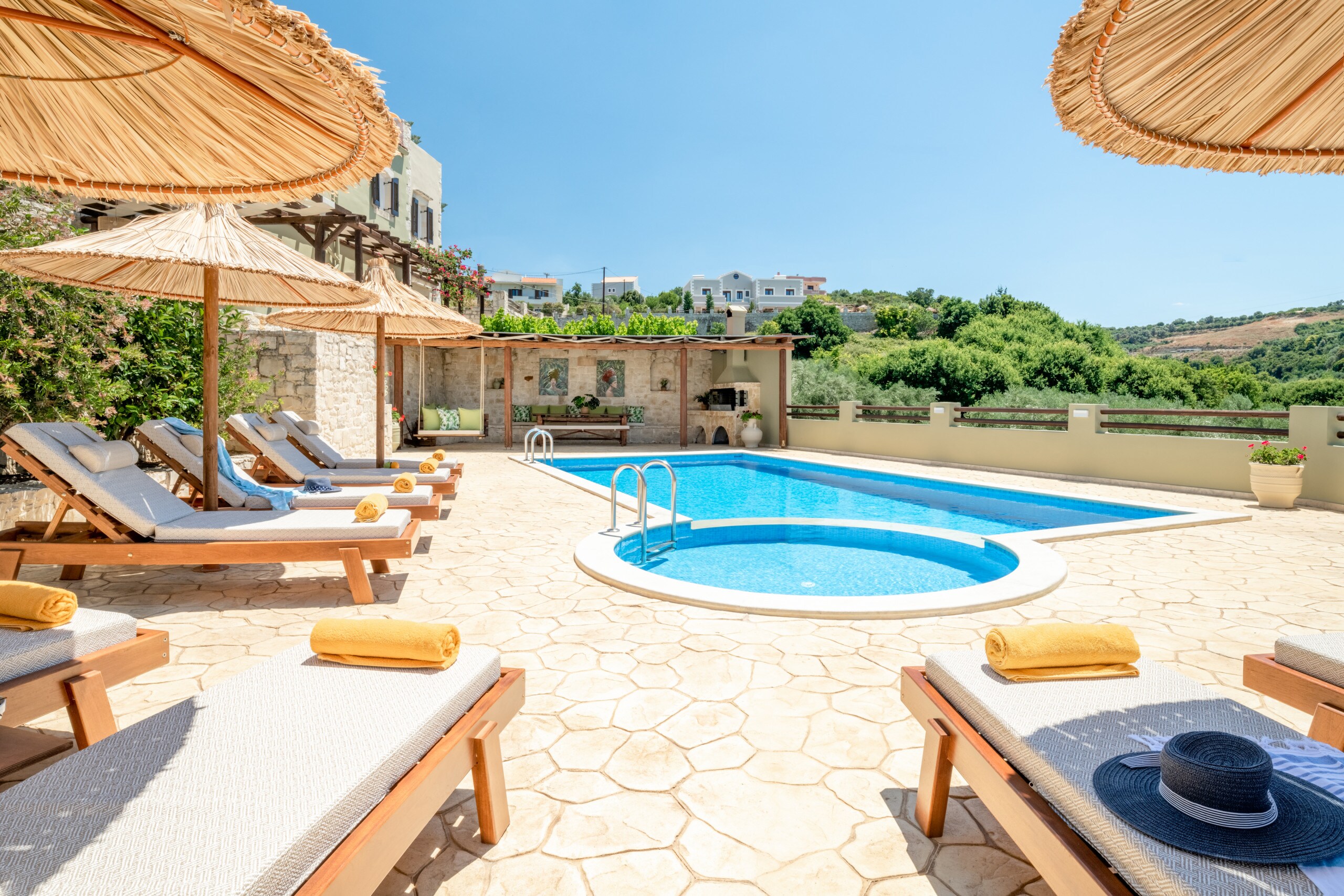 The pool terrace is equipped with high quality sun beds and umbrellas.