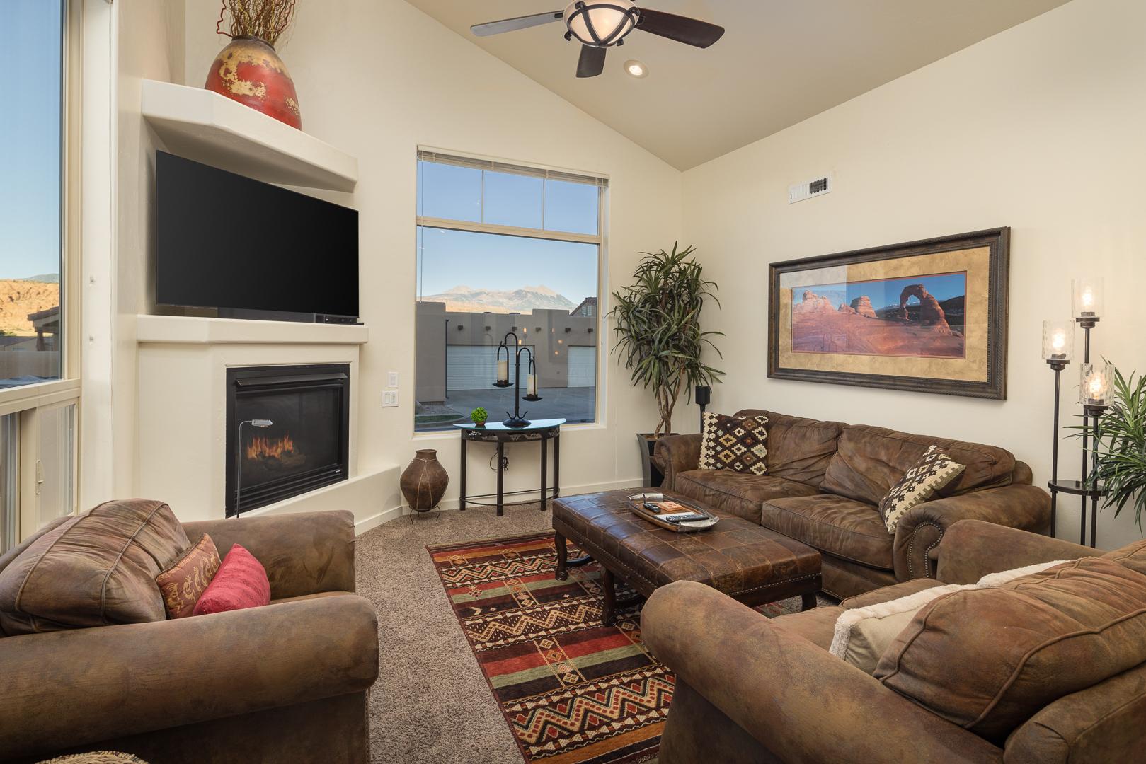 Living Room - Comfortable Seating, Smart TV, Ceiling Fan