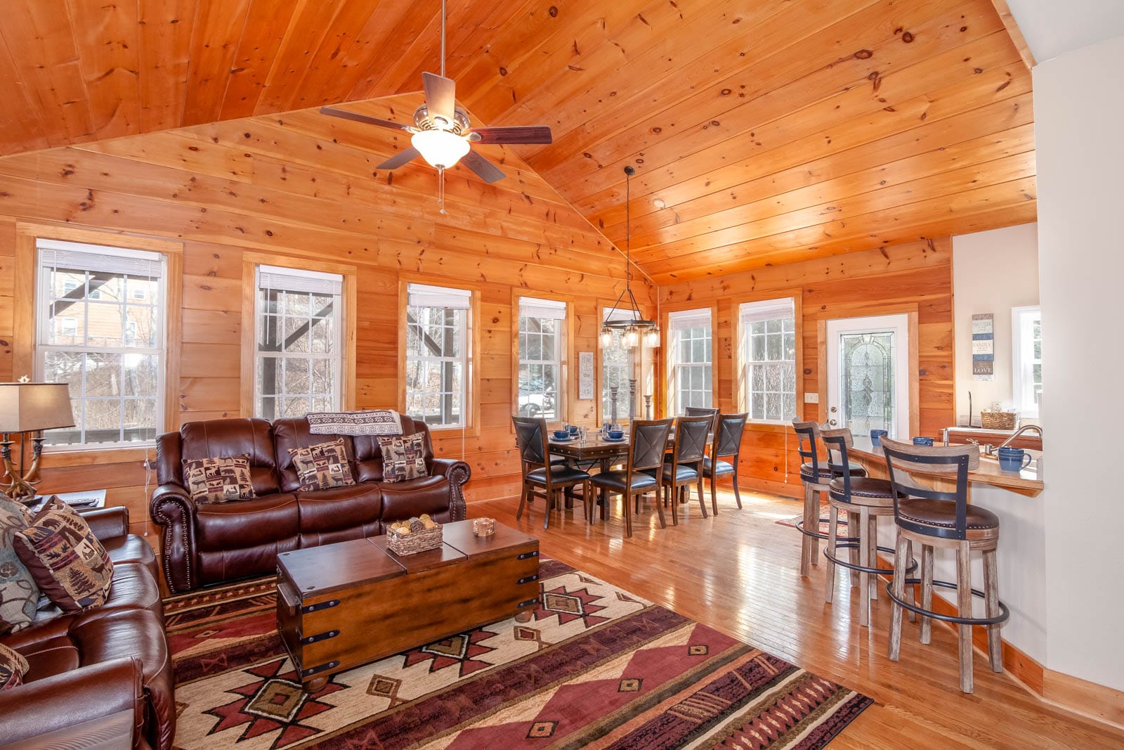 Mountain Bliss Chalet offers an Open Floor Plan with Great Room, Dining, and Kitchen