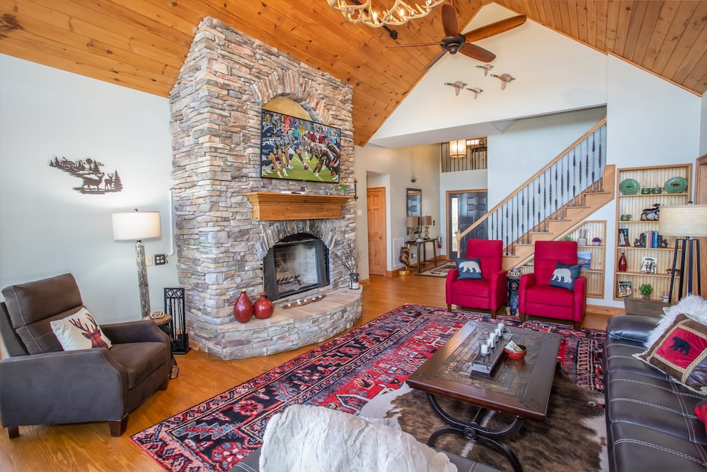 Rock Fireplace with Wood-Burning Fireplace and Smart TV