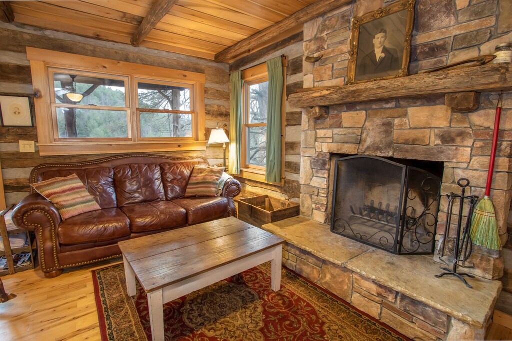 Open Living Room with Flat Screen TV, Wood Burning Fireplace