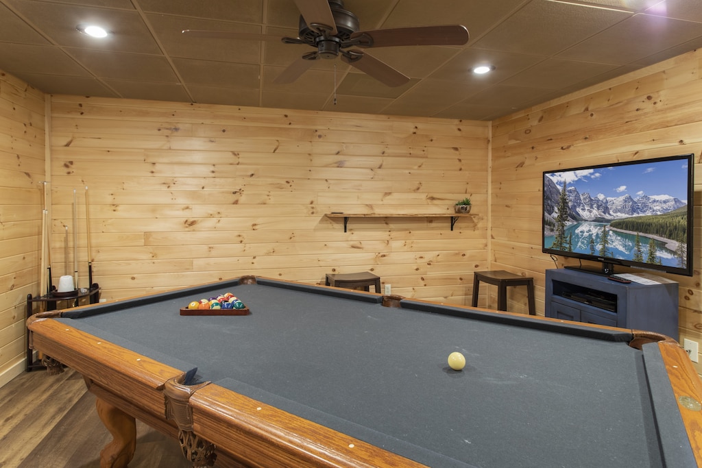 Game Room with Pool Table and Large HDTV, and Custom Live Edge Drink Shelf