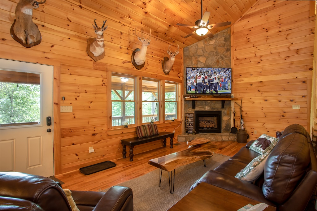 Tall, vaulted ceilings in great room. All wood interior throughout the home.